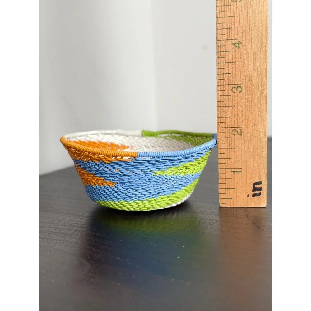 Zulu Telephone Wire Basket Spiral Design Small Woven Bowl Orange Blue Green 4.5